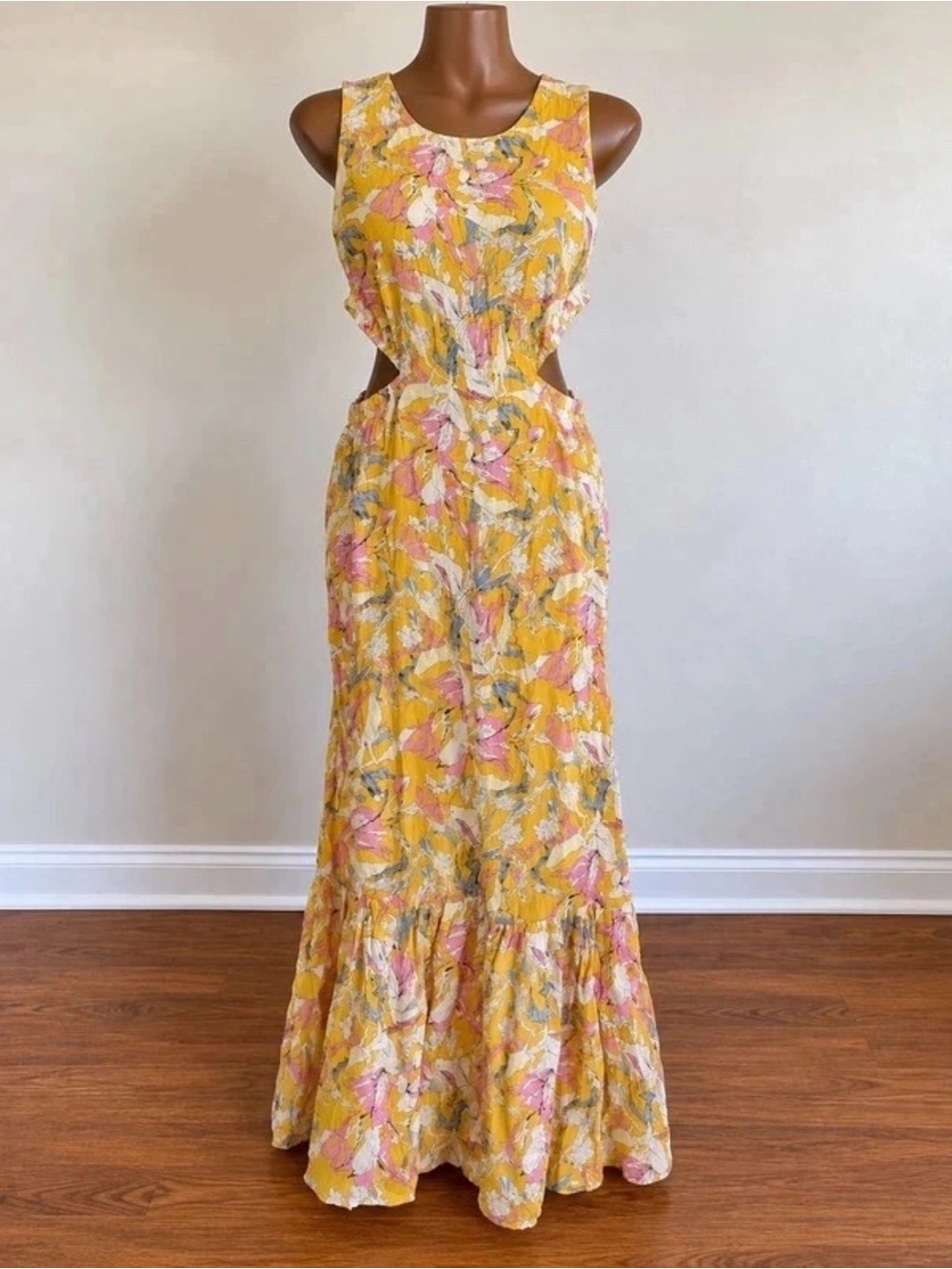 Aakaa Yellow Floral Maxi Dress with Pink Accents